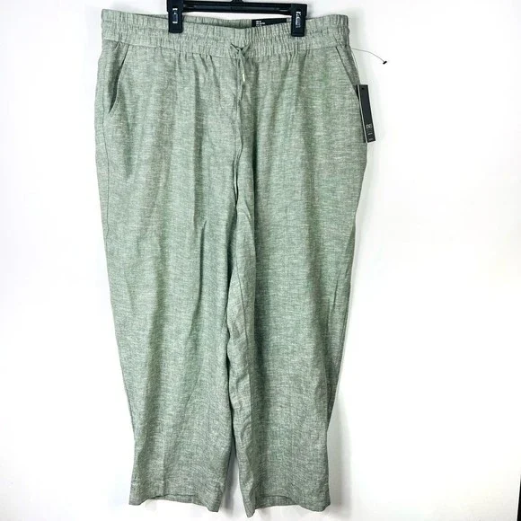 Jones New York Women 1X Crop Ankle Pants Linen Blend green White Cuffed elastic - Picture 1 of 9